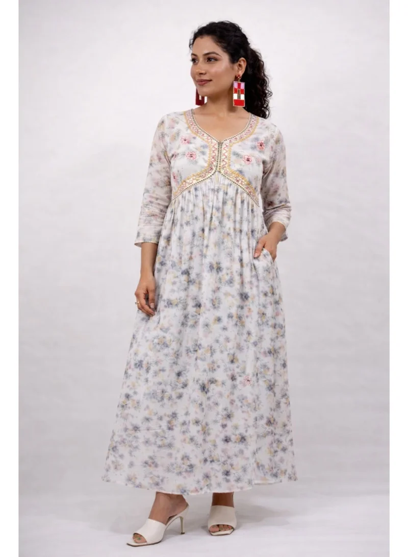 باناش برييا فستان أناركالي قطني واسع للنساء مطرز، فستان طويل للملابس العرقية للمناسبات والكاجوال